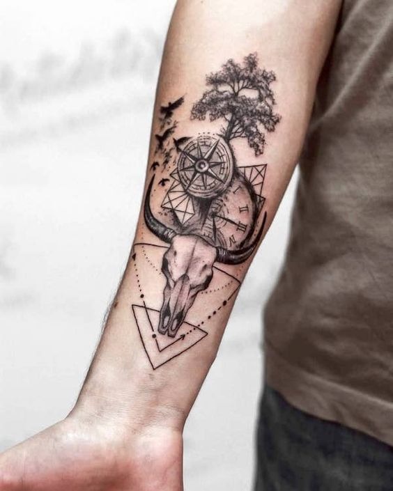Geometric Cow Skull and Compass forearm tattoo Tattoo Design