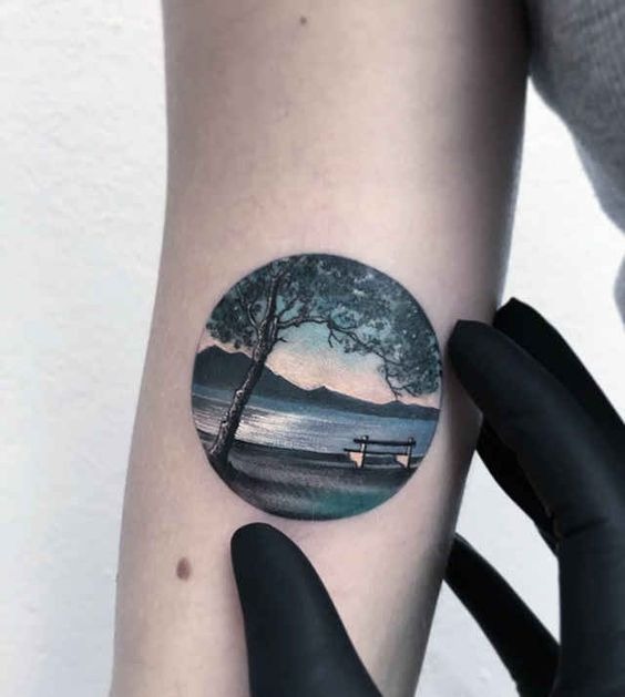 Landscape with Bench and Lake Forearm Tattoo Ideas Tattoo Design
