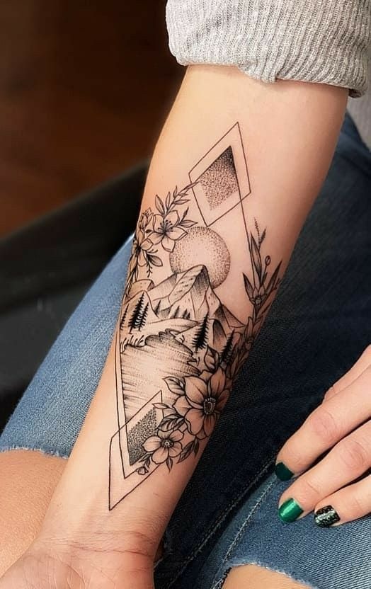 Minimalist Landscape Framed in a Diamond Forearm Tattoos Tattoo Design