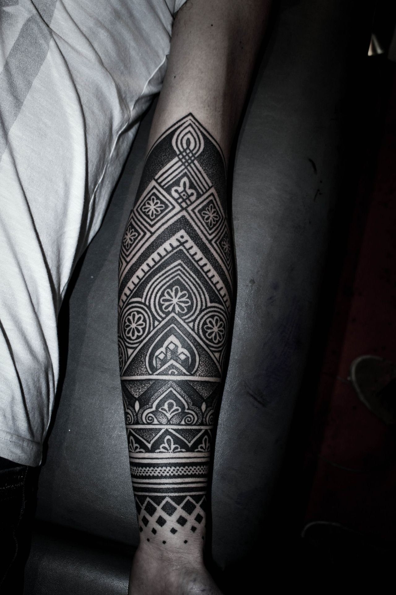 Monochrome Architectural Pattern Forearm Sleeve Tattoo Tattoo Design