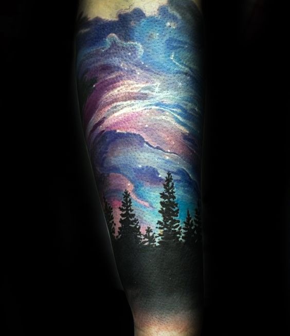 Northern Lights over a Polar Forest forearm tattoo Tattoo Design