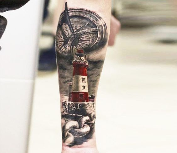 Old Lighthouse with Chain and Compass forearm tattoo Tattoo Design