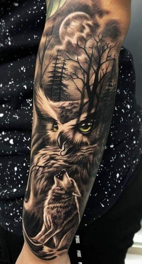 Owl and Wolf Under the Moon Forearm Tattoo Tattoo Design