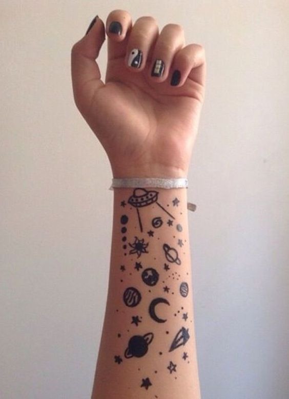 Planets, Moons, and Stars with a UFO Forearm Tattoos Tattoo Design