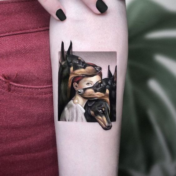 Portrait with Three Nosy Dogs Tattoo Design