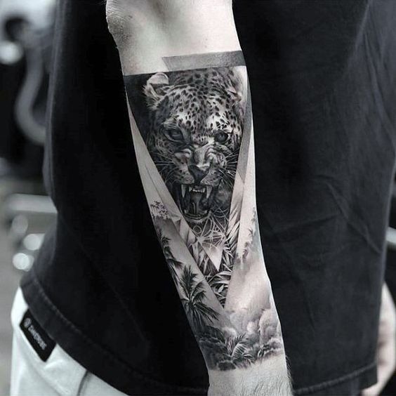 Snarling Leopard Over a Jungle forearm tattoo Tattoo Design