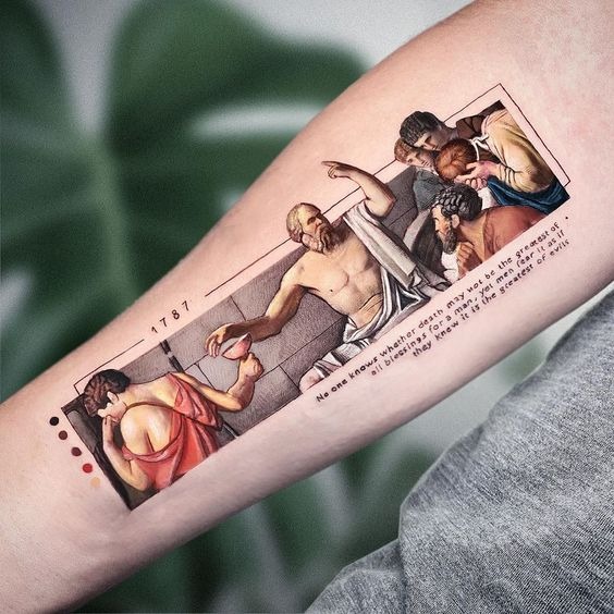 The Death of Socrates and Quote forearm tattoo Tattoo Design