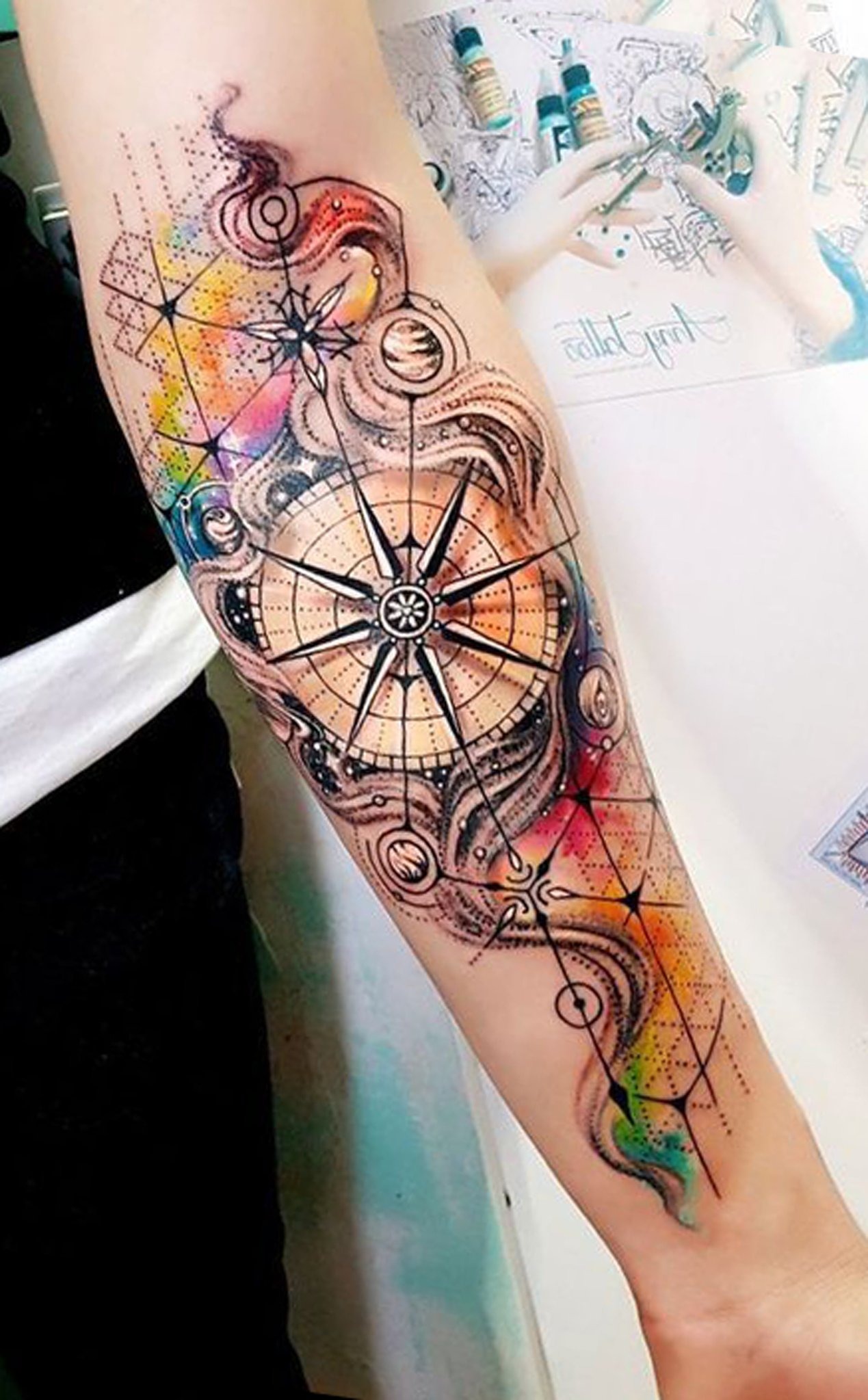 Watercolor Compass Rose with Planets Tattoo Design