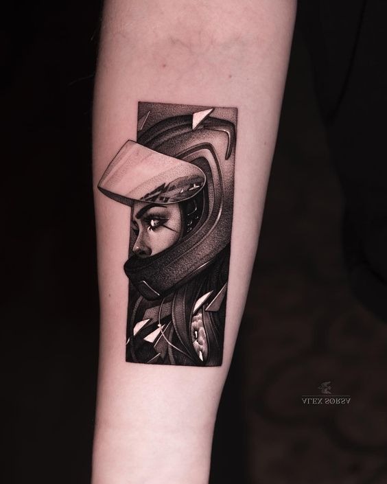 Woman in a Motorcycle Helmet forearm tattoo Tattoo Design