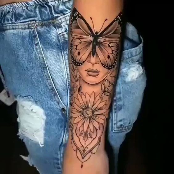 Woman with Butterfly and Flowers Forearm Tattoos Tattoo Design