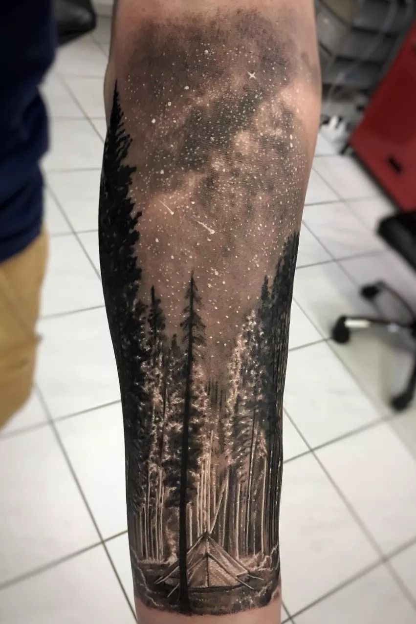 Mountain River Arm Piece Tattoo Design