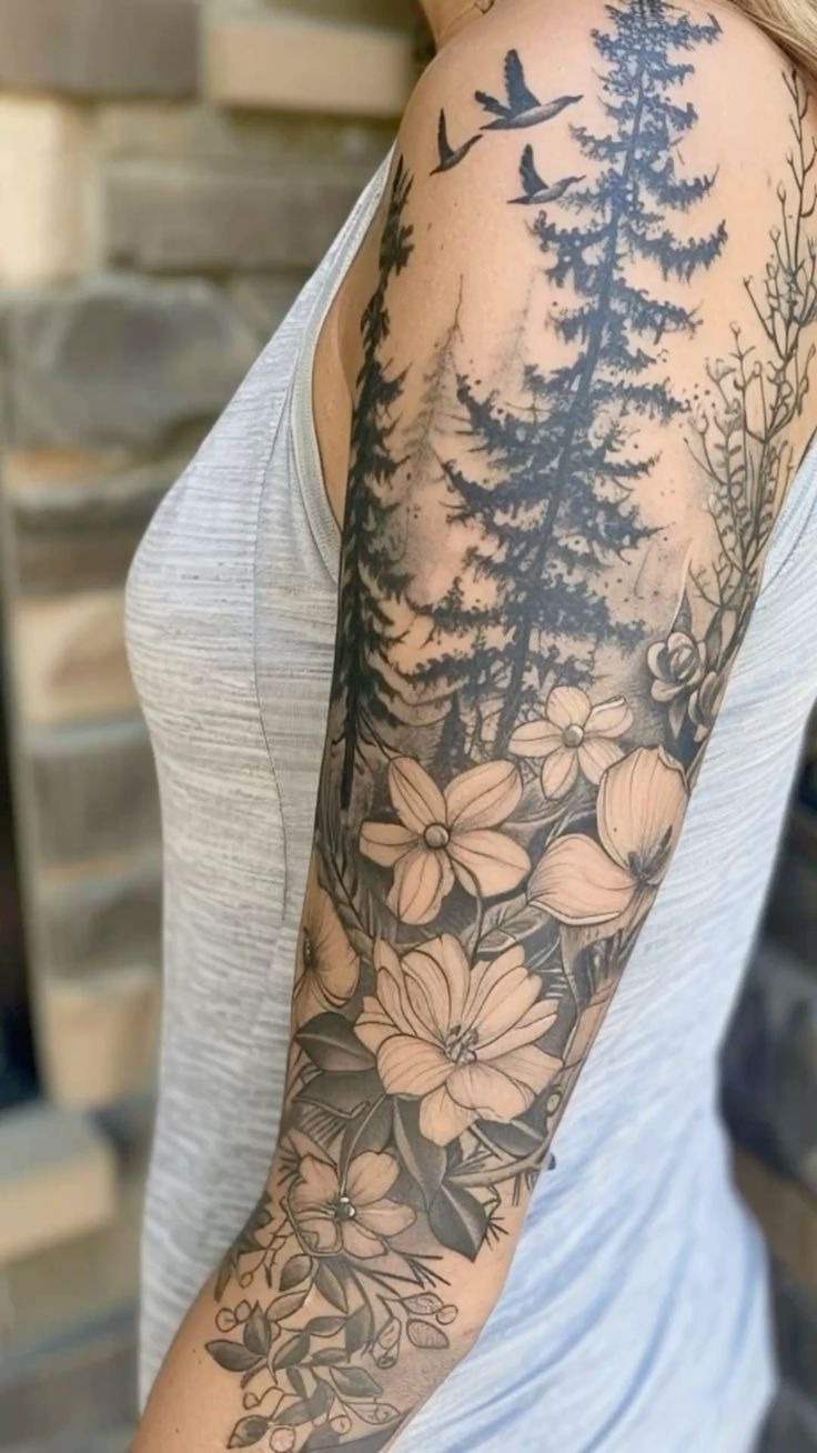 River Through the Pines Forearm Tattoo Design