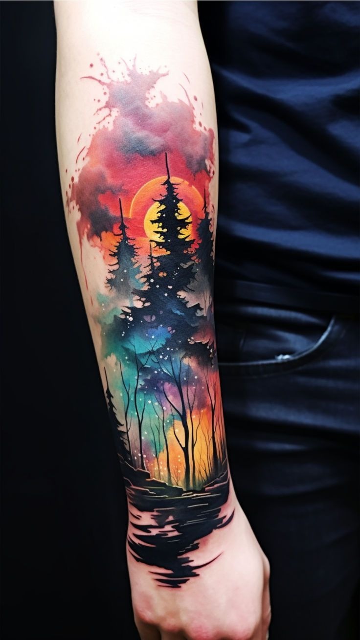 Tranquil Pine Stream Tattoo Design