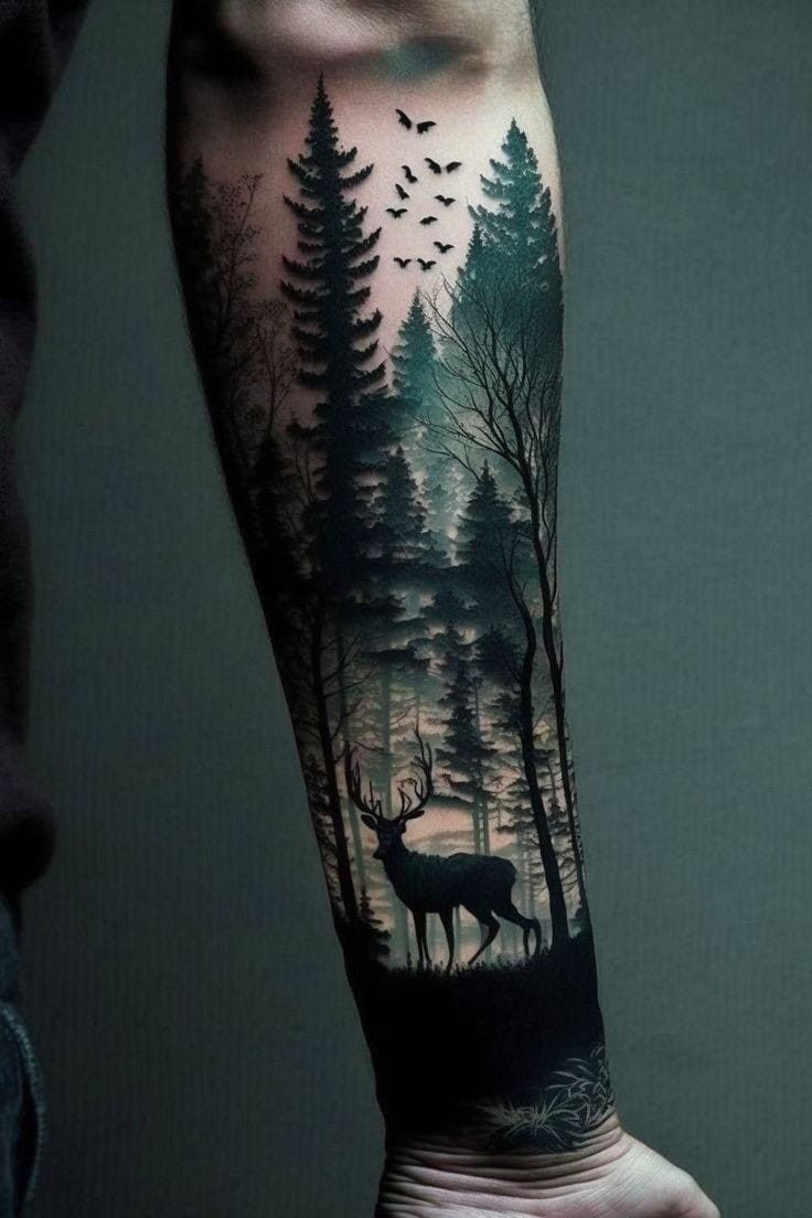 Watercolor Sunset Forest Tattoo Design