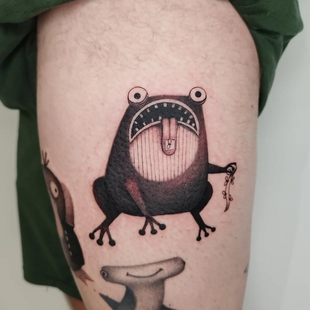 Quirky frog tattoo with playful features Tattoo Design