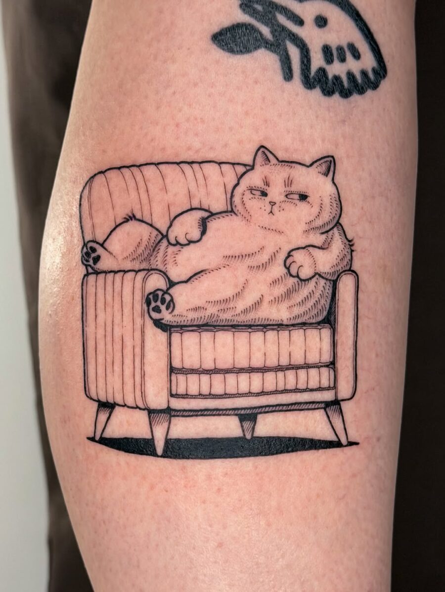 A comical feline in samurai attire tattoo Tattoo Design