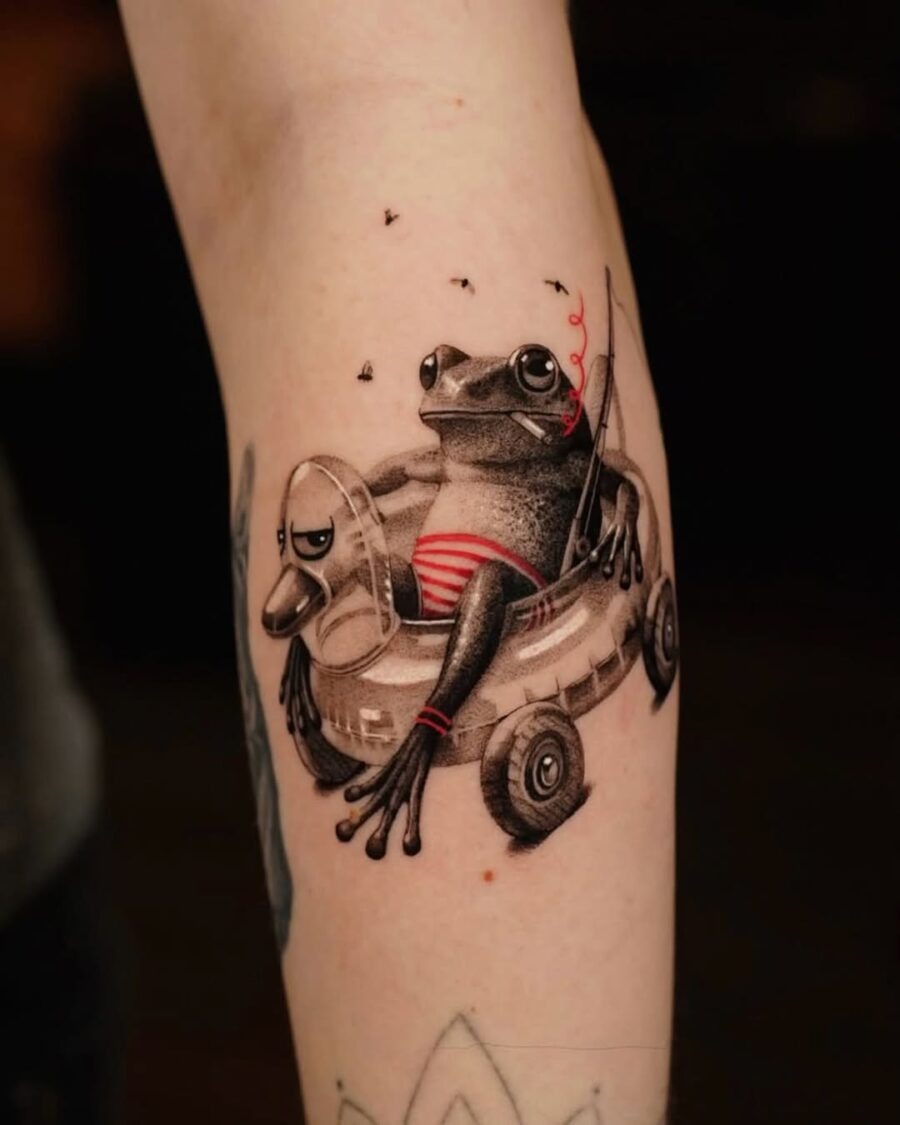 Quirky frog chilling in a floaty pool Tattoo Design