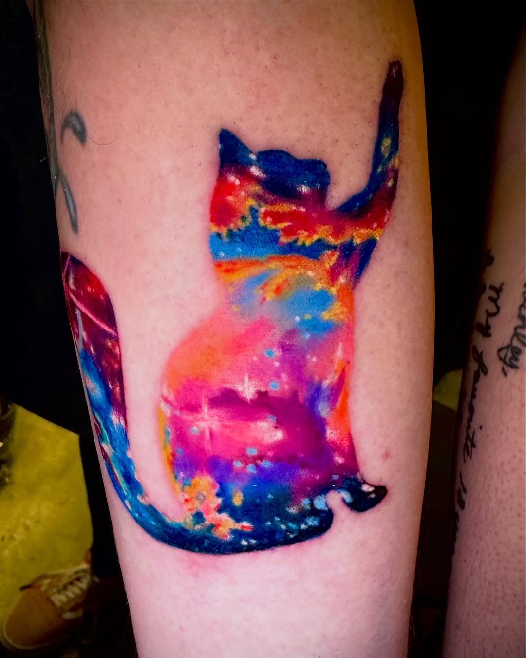 Colorful Cat Silhouette with Cosmic Details Tattoo Design