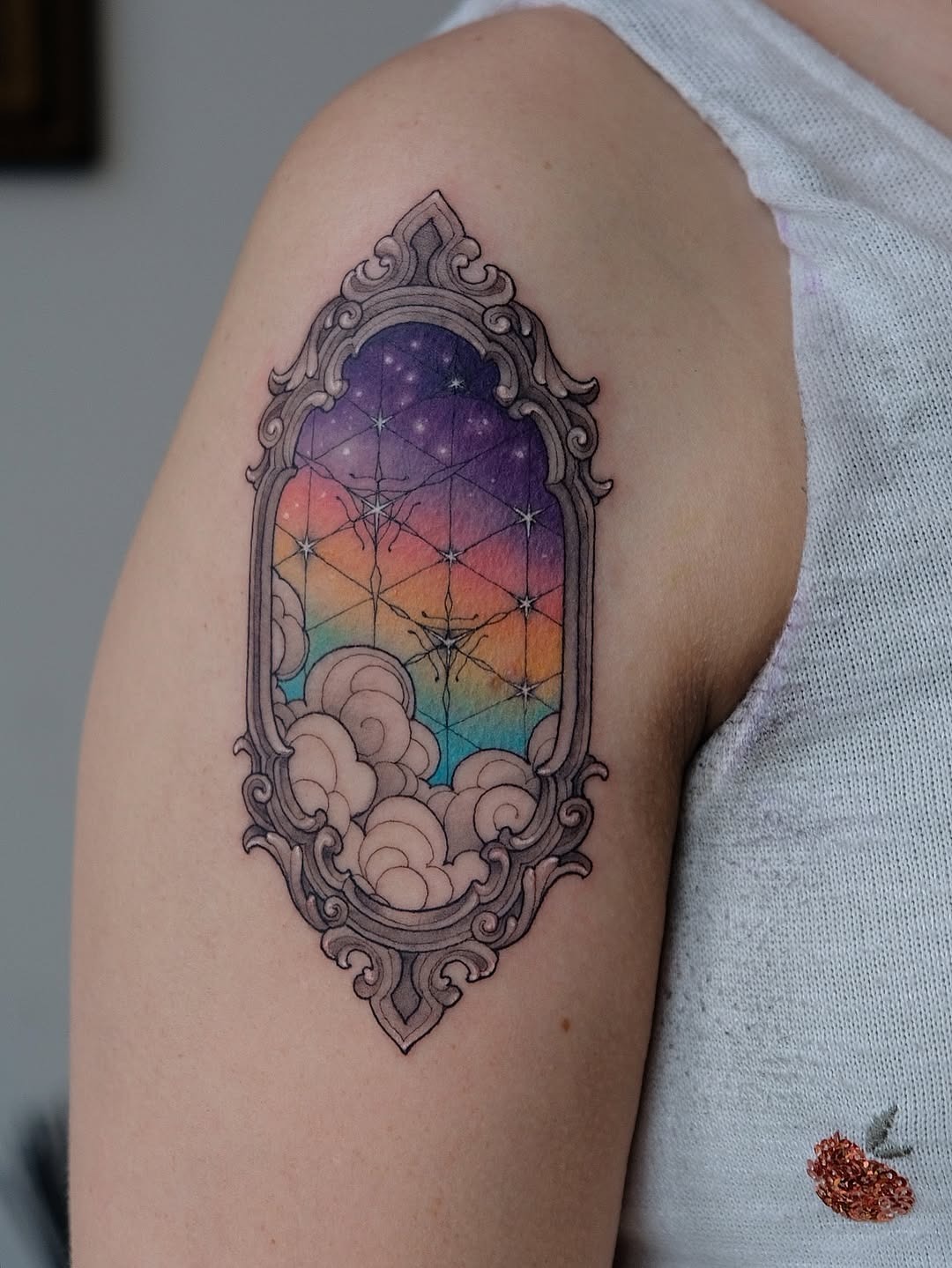 Colorful, ornate galaxy tattoo in a frame Tattoo Design