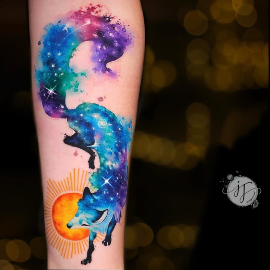 Vibrant galaxy fox tattoo with cosmic details Tattoo Design