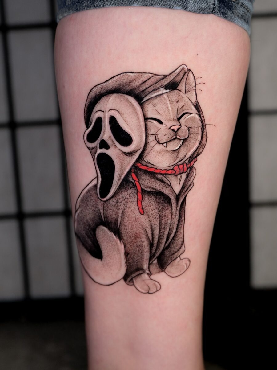 Adorable Cat Meets Iconic Ghost Face Tattoo Tattoo Design