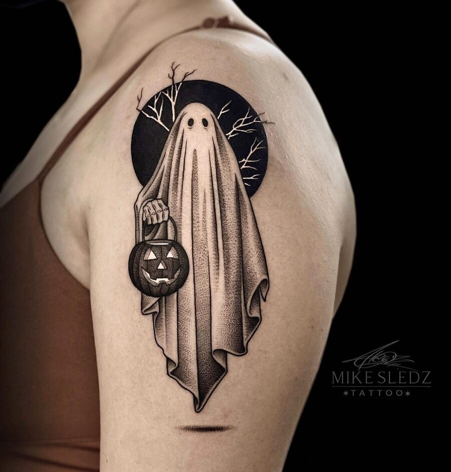 Charming ghost-themed tattoo for Halloween vibes Tattoo Design