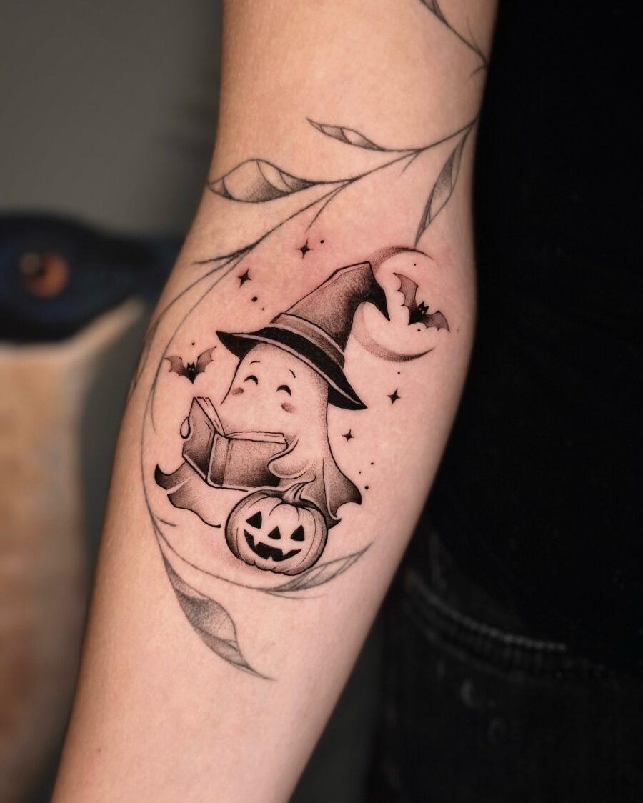 Charming ghost with a witch hat tattoo Tattoo Design