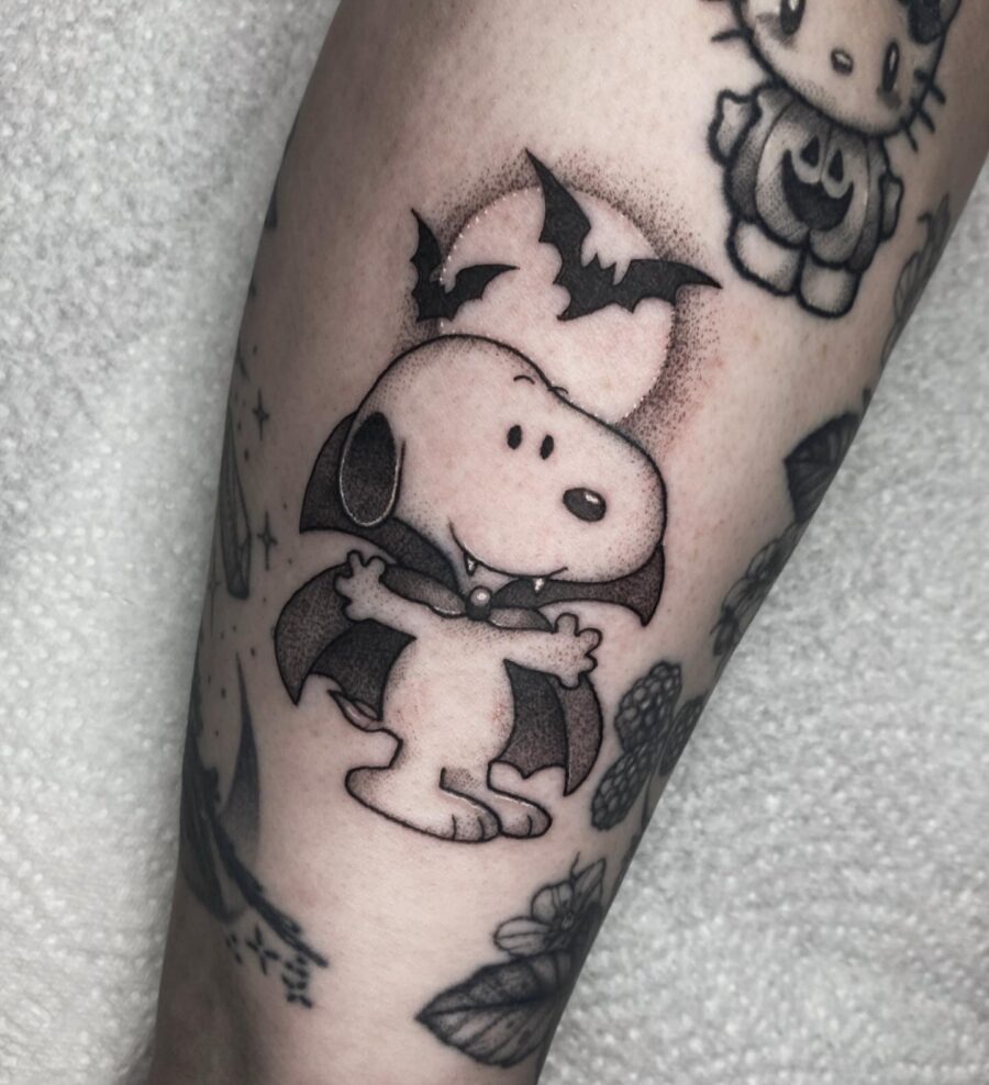 Charming Halloween Snoopy Tattoo with Bats Tattoo Design