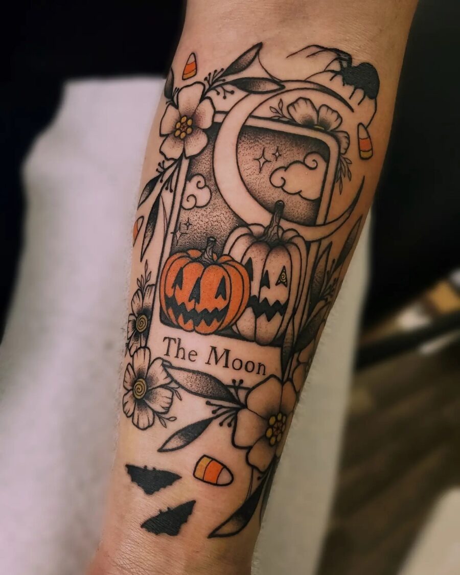 Charming Halloween-themed tattoo with pumpkins and moon Tattoo Design