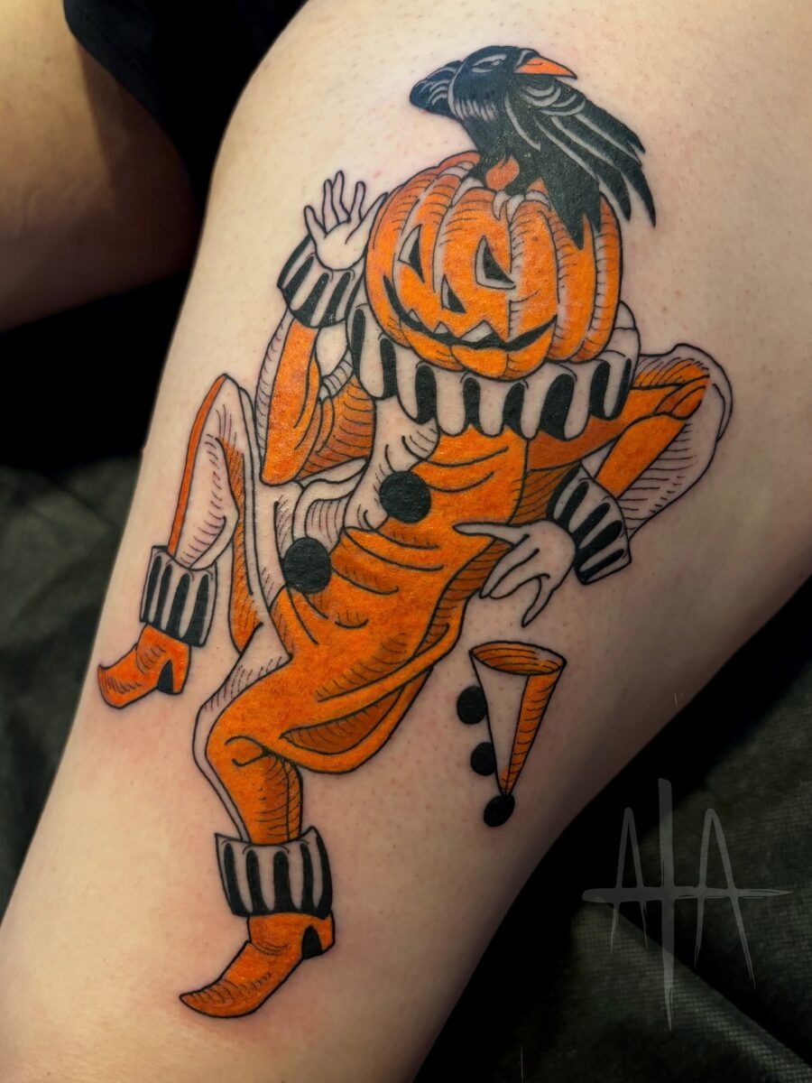 Charming pumpkin-clown tattoo for Halloween vibes Tattoo Design
