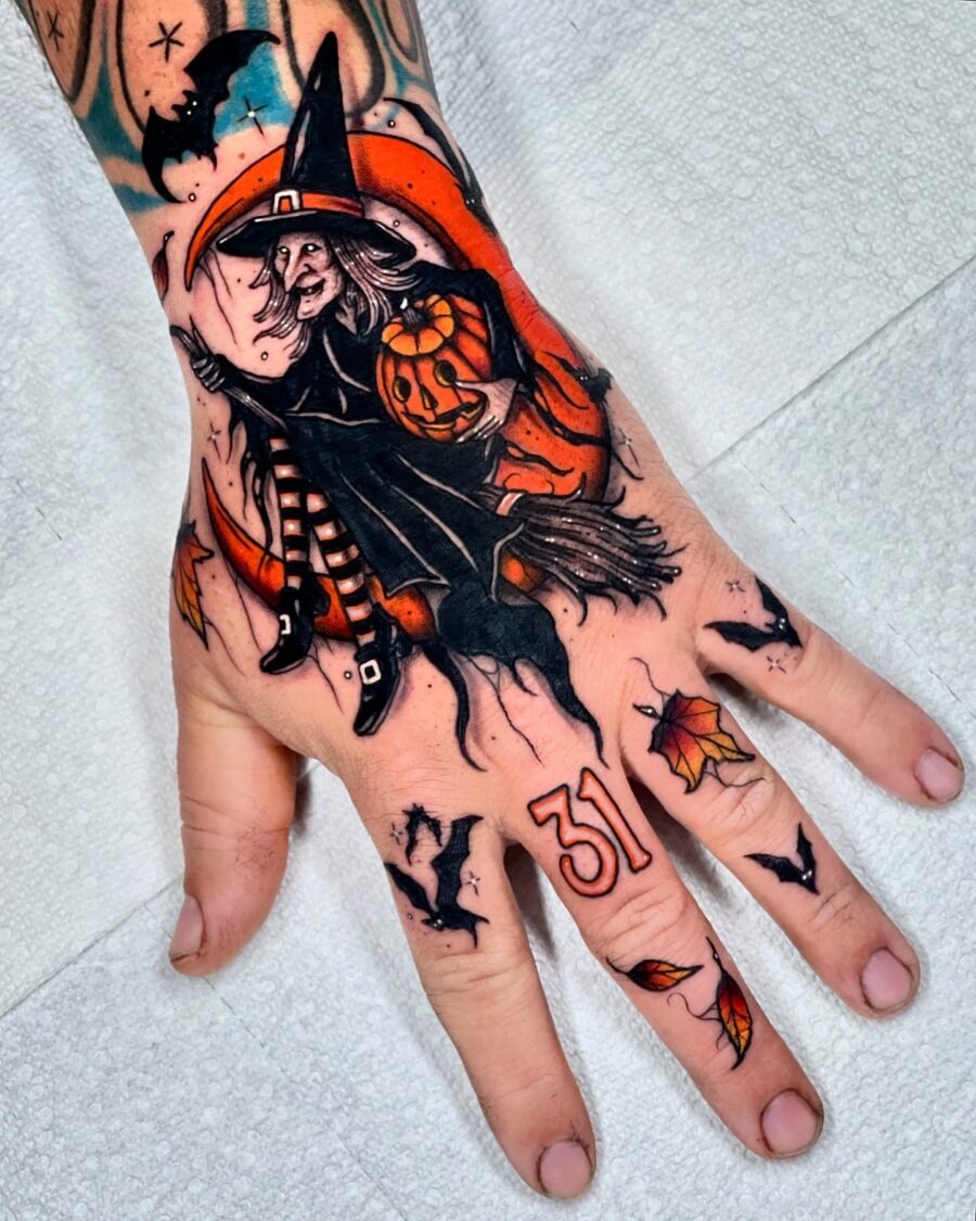 Charming witch tattoo with autumn vibes Tattoo Design