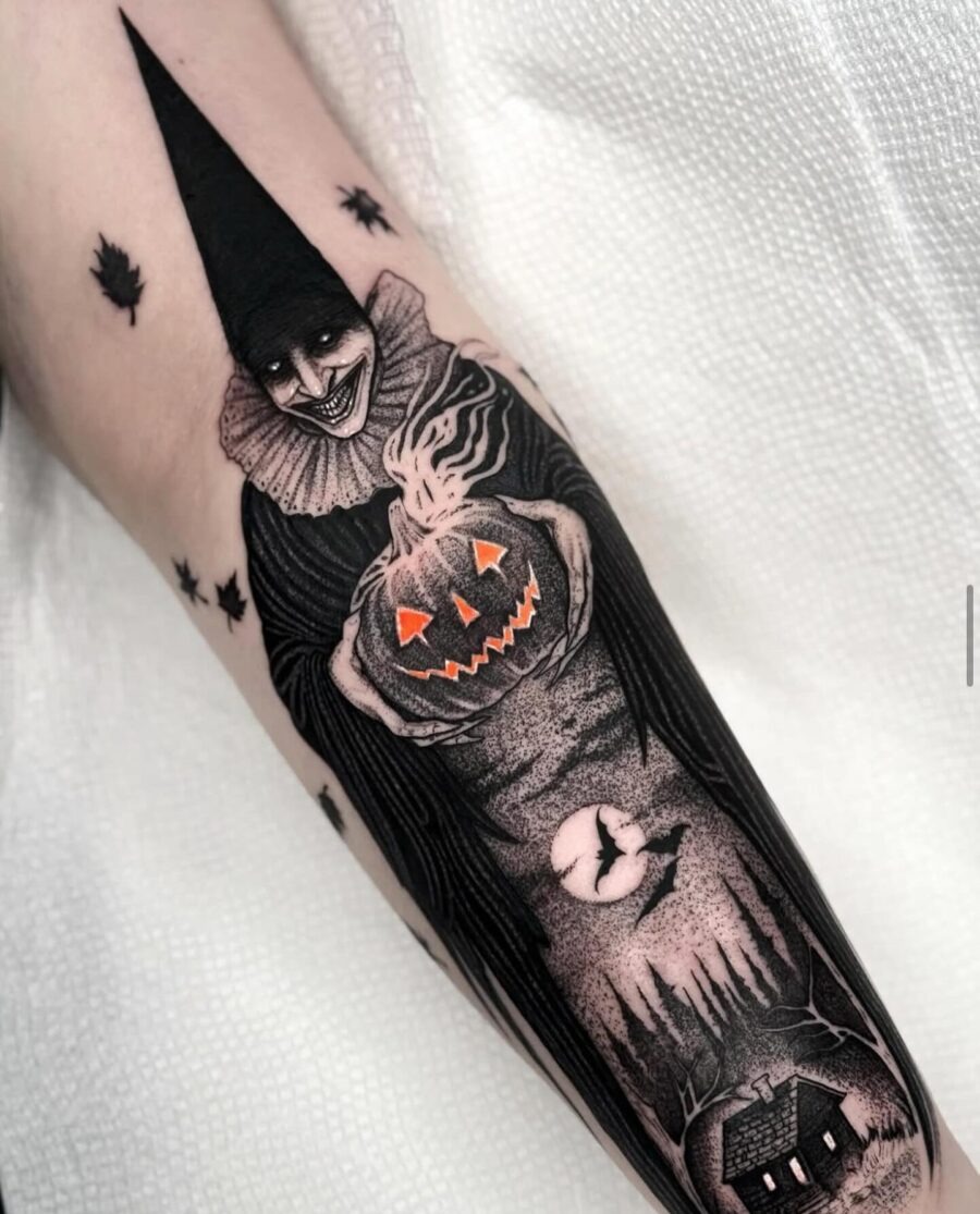 Chilling Clown with Jack-O'-Lantern Tattoo Design Tattoo Design