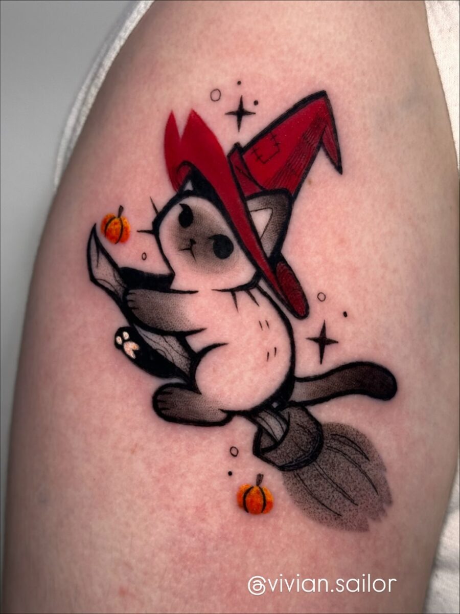 Cute witch cat tattoo for Halloween lovers Tattoo Design