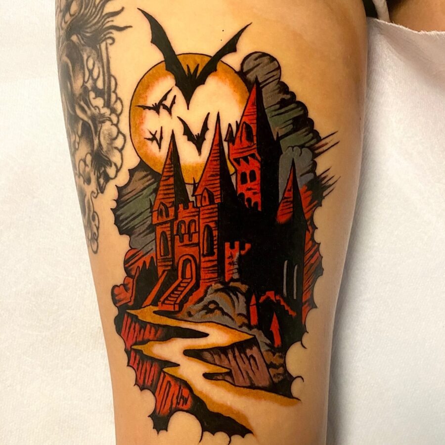 Haunting castle with bats and moonlit scenery Tattoo Design