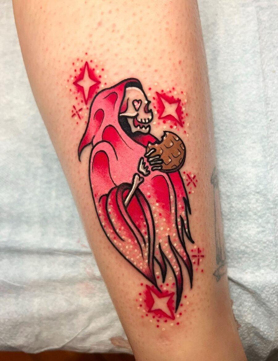 Playful ghostly skeleton tattoo with cookie theme Tattoo Design