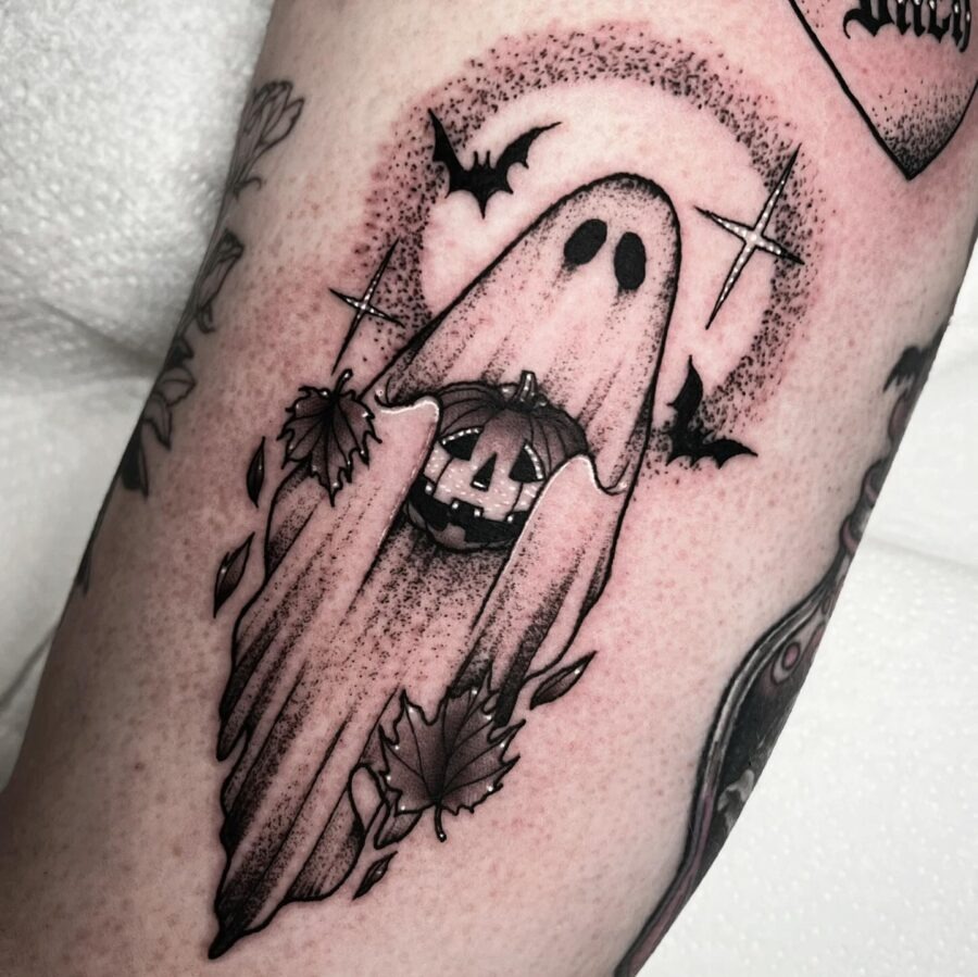 Spooky Ghost with Pumpkin Tattoo Design Tattoo Design