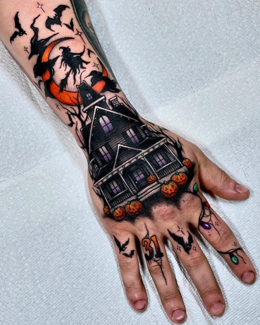 Spooky House Tattoo with Pumpkins and Bats Tattoo Design