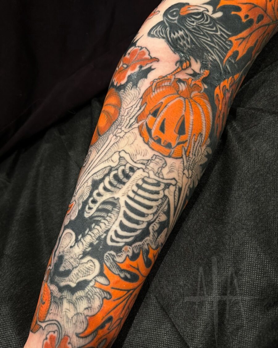 Spooky Skeleton with Halloween Elements Tattoo Design Tattoo Design