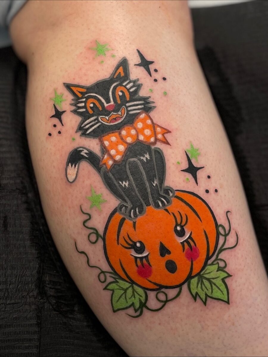 Whimsical black cat atop a pumpkin tattoo Tattoo Design