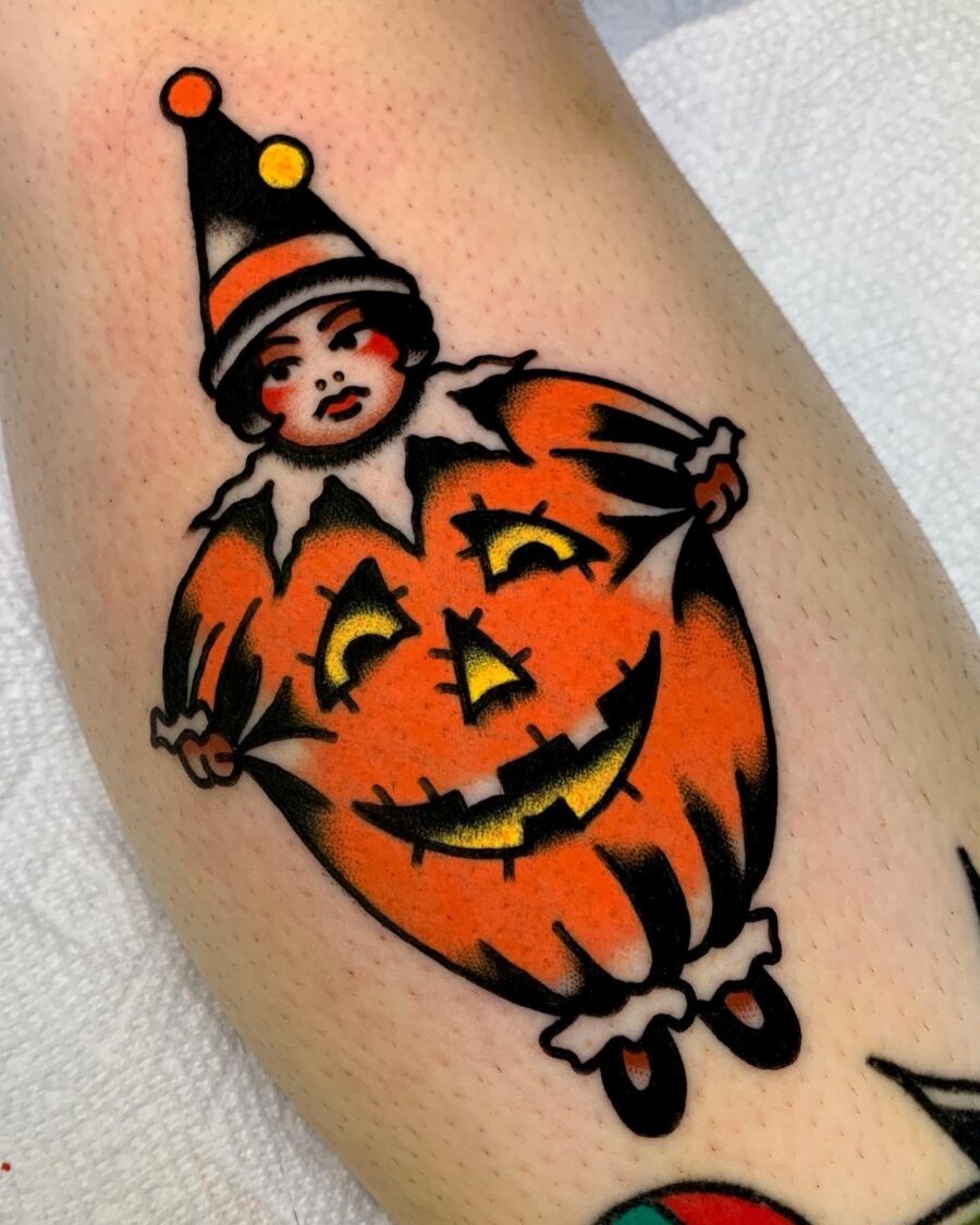 Whimsical clown pumpkin tattoo for Halloween Tattoo Design