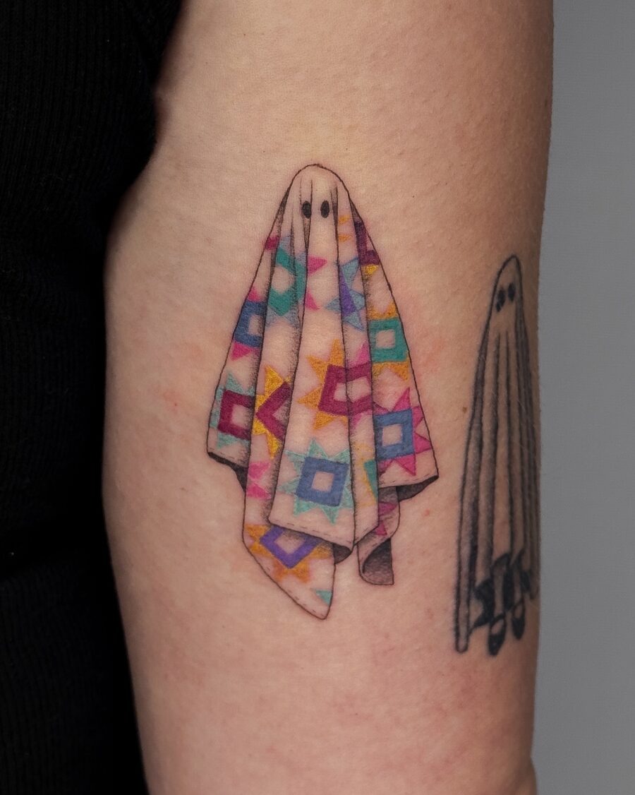 Whimsical Ghost Tattoo with Quilt Design Tattoo Design