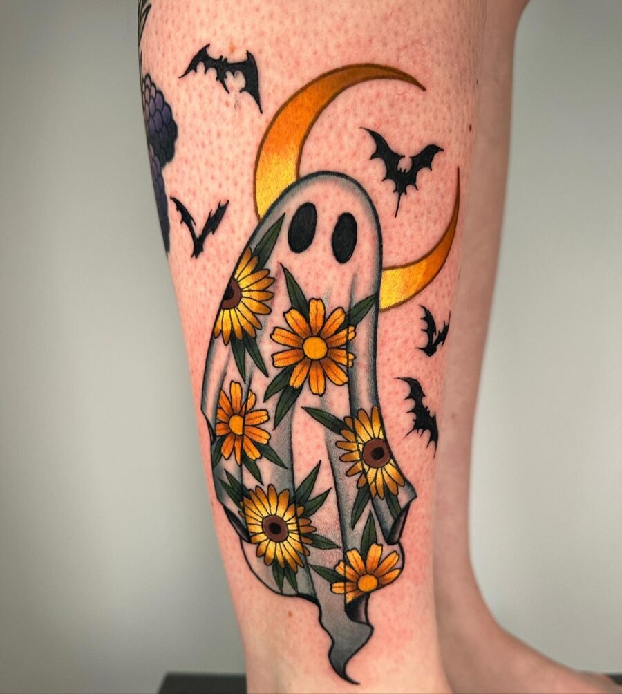 Whimsical ghost tattoo with sunflowers and bats Tattoo Design