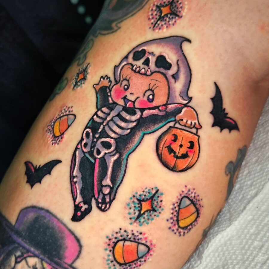 Whimsical skeleton child tattoo for Halloween fun Tattoo Design