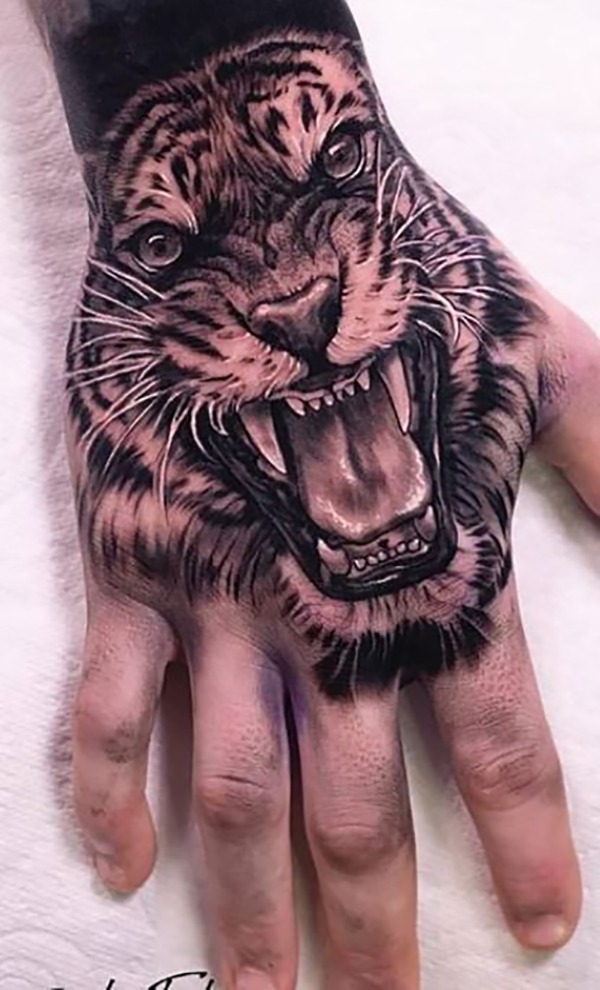 Black and White Realistic Tiger Hand Tattoos Tattoo Design