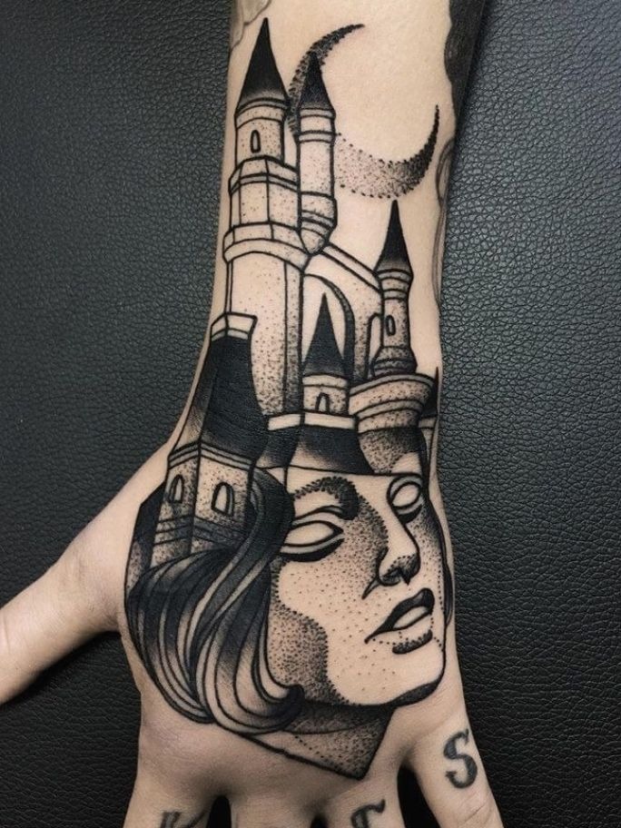 Castle and Woman Dot Hand Tattoos Tattoo Design