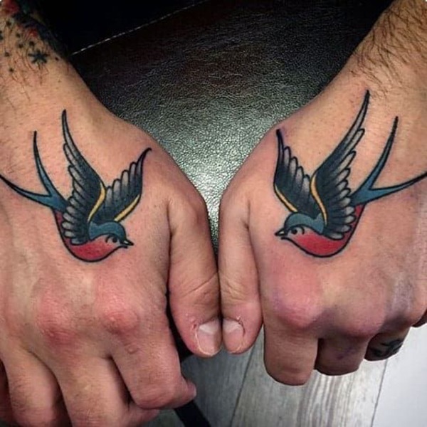 Colorful Twin Swallows Hand Tattoos Tattoo Design