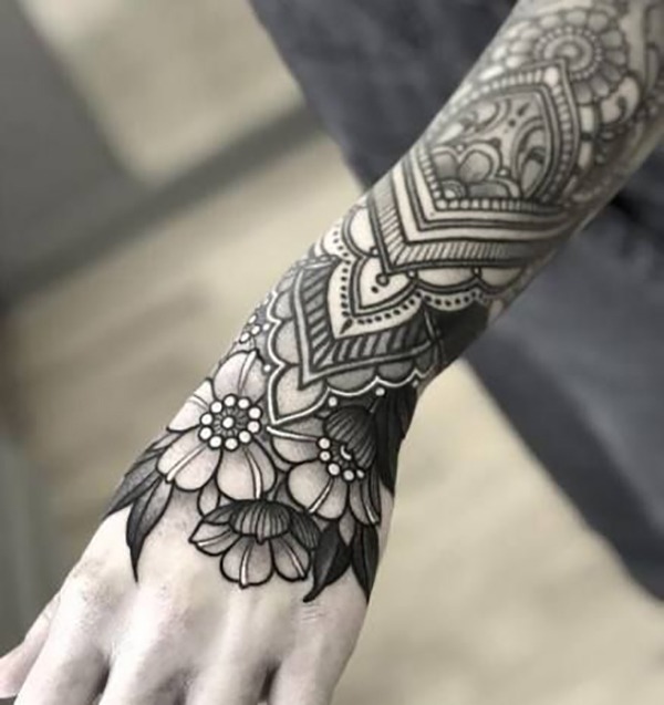 Elegant Black and White Henna Flower Hand Tattoos Tattoo Design