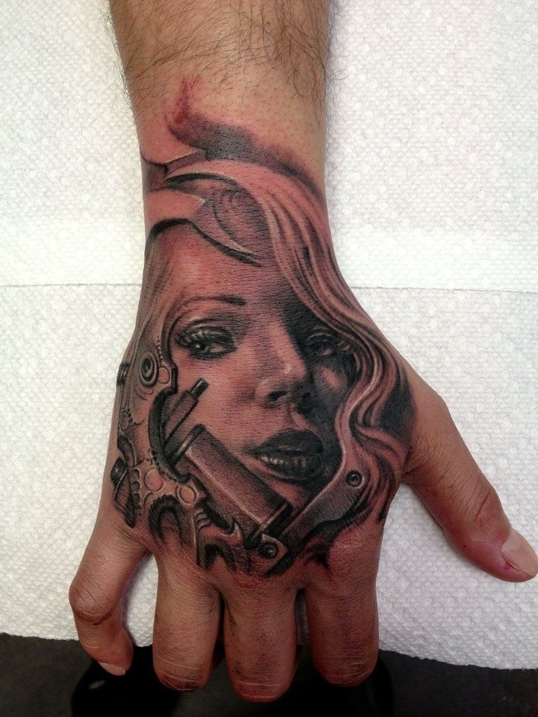 Hand Tattoos Idea: Beautiful Woman with Tattoo Gun Tattoo Design