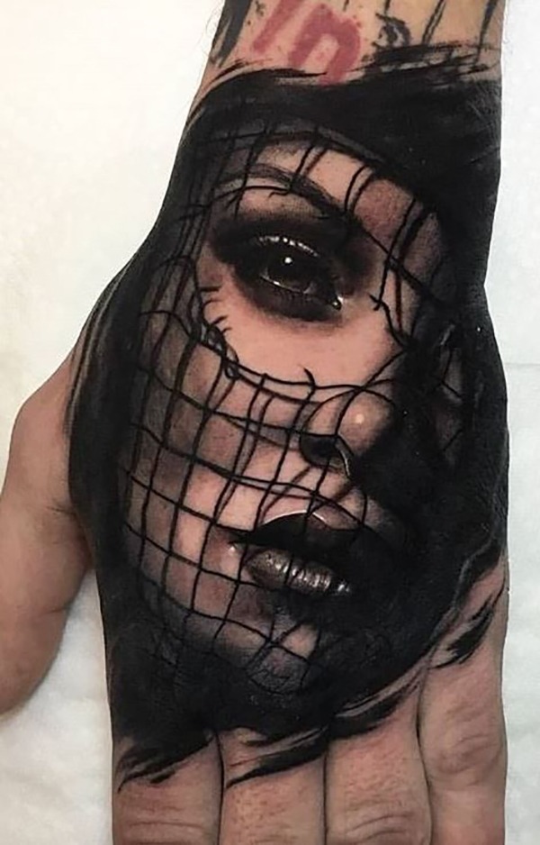 Realistic Woman with Grid Hand Tattoos Tattoo Design
