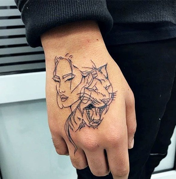 Single Line Lady and Tiger Hand Tattoos Tattoo Design